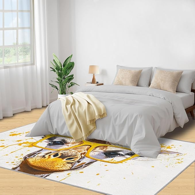Giraffe 2x3 Area Rugs for Living Room, Funny Animals Washable Non Slip Rugs, Pop Art Low Pile Print Rug for Bedroom, Dining Room, Home Office