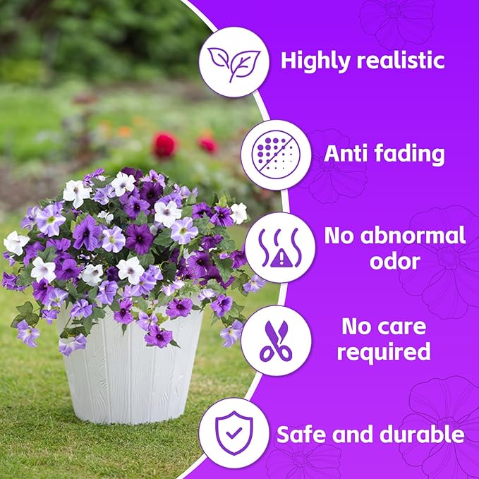 Artificial Fake Flowers for Outdoor Plants Decoration,2 Pcs Faux Petunias Flowers Plants UV Resistant Silk for Porch Yard Garden Home Indoor Decor(Purple White)