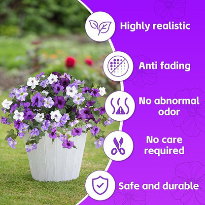 Artificial Fake Flowers for Outdoor Plants Decoration,2 Pcs Faux Petunias Flowers Plants UV Resistant Silk for Porch Yard Garden Home Indoor Decor(Purple White)