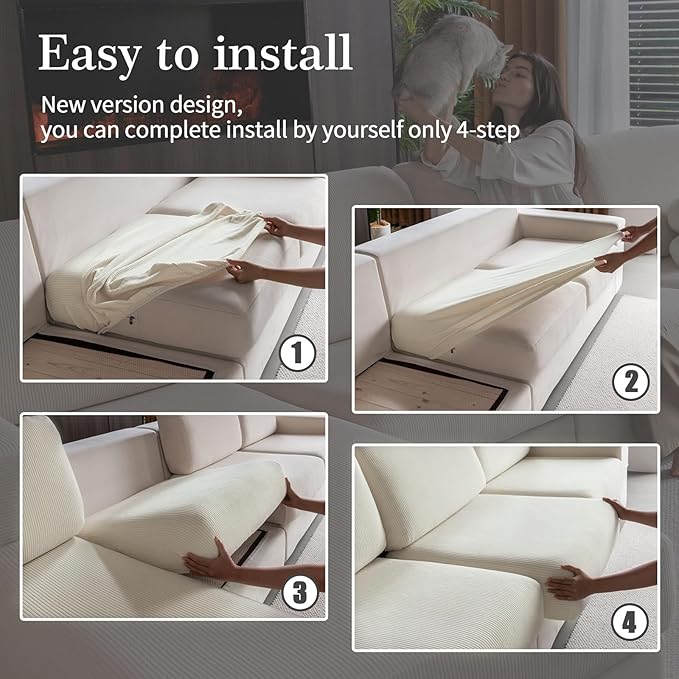 Sectional Couch Covers, Wear Resistant Stretch Sofa Covers Washable Soft Couch Cushion Covers Anti Slip Furniture Protector Sofa Slipcovers for Pets(1 Piece Chaise Cover, Ivory)