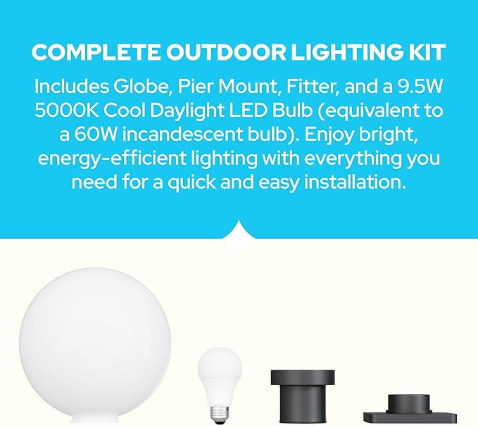 KASTLITE 12" Globe Pier Mount Outdoor Lighting with LED Lamp | UV & Waterproof Pillar & Column Lights | Deck Driveway Yard Patio & Garden Fixture | Made in USA | White Cover, Black Basic Base