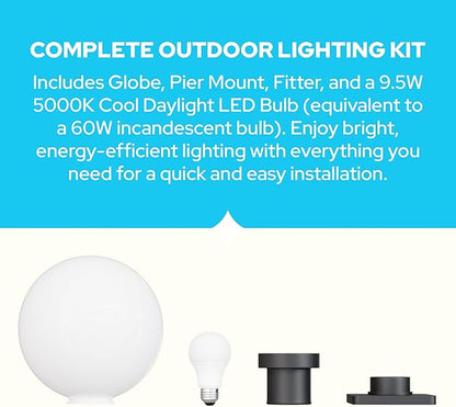 KASTLITE 12" Globe Pier Mount Outdoor Lighting with LED Lamp | UV & Waterproof Pillar & Column Lights | Deck Driveway Yard Patio & Garden Fixture | Made in USA | White Cover, Black Basic Base