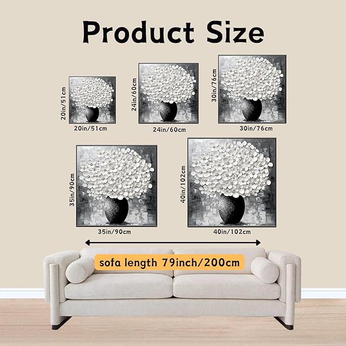 Glethua Flower Canvas Wall Decor, Abstract Floral Painting Print, White Blooming Flowers in Vase Picture Art, Modern Minimalist Still Life Artwork for Living Room Bathroom Bedroom Office (Black Framed, 40 x 40 in | 102 x 102cm)