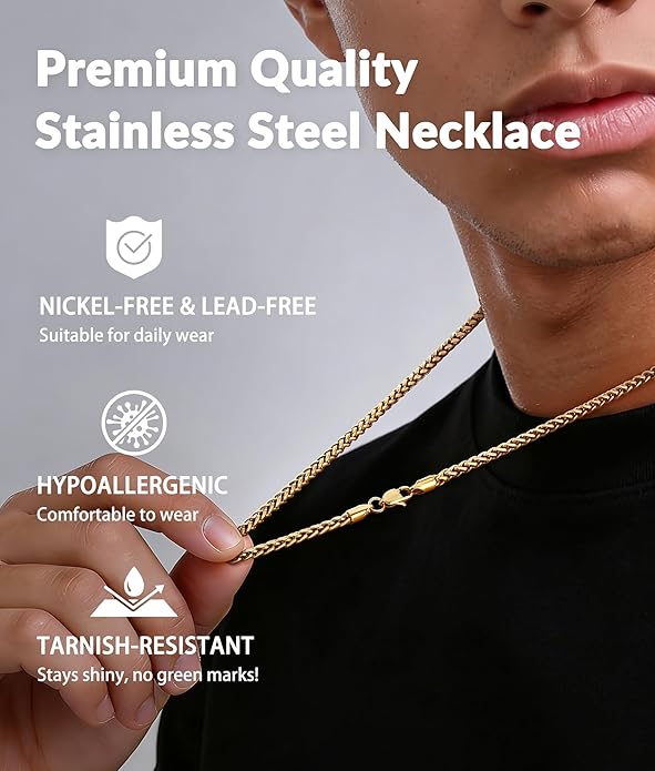 Jewlpire 4mm Wheat Chain Necklace for Men, Silver Tone/Black/14K Gold Plated Stainless Steel Necklace Chain, Mens Chains Necklaces 16 18 20 22 24 26 Inch