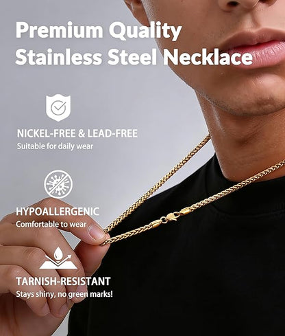 Jewlpire 4mm Wheat Chain Necklace for Men, Silver Tone/Black/14K Gold Plated Stainless Steel Necklace Chain, Mens Chains Necklaces 16 18 20 22 24 26 Inch
