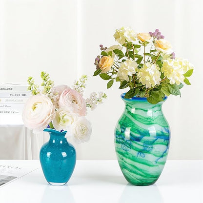 Glass Vases for Flower, Unique Hand Blown Green Glass Vase, Modern Art Decorative for Home Living Room, Office, Table centerpieces, Bookshelves and Wedding Decorations (JG33)
