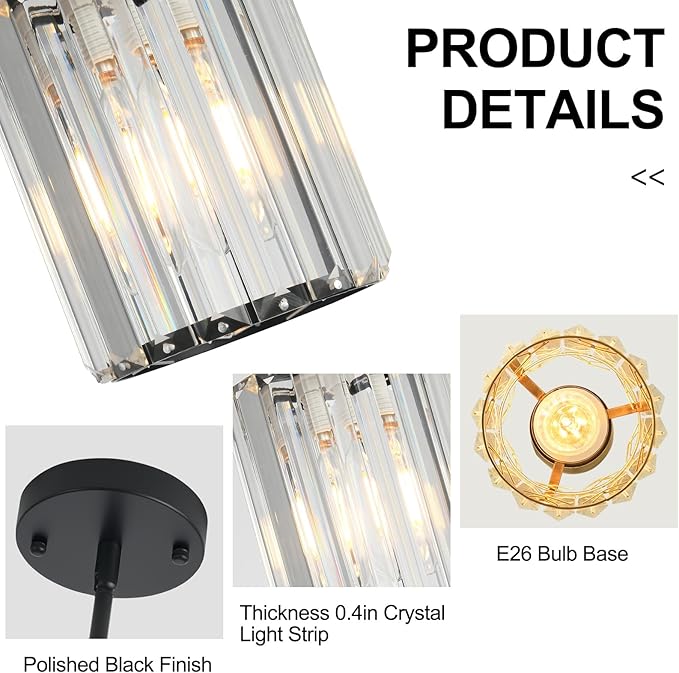Black Pendant Lights Kitchen Island 3 Pack,Modern Crystal Mini Chandelier Ceiling Hanging Pendant Light Fixtures for Kitchen Hallway Dining Room Bedroom