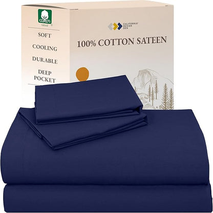 California Design Den Natural 100% Cotton Sheets Full Size Bed Set with Deep Pockets - Soft Sateen Weave, Durable Full Size Sheets (Navy Blue)
