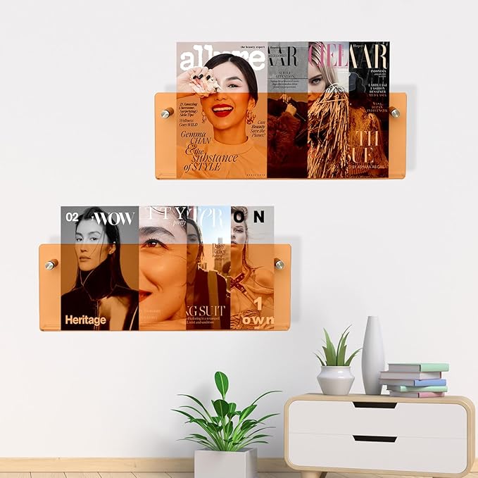 2 Pack Acrylic Magazine Holder, Wall Mounted Magazine Rack Floating Bookshelf for Waiting Room, Living Room, Office, Home (Orange, 24 Inch)