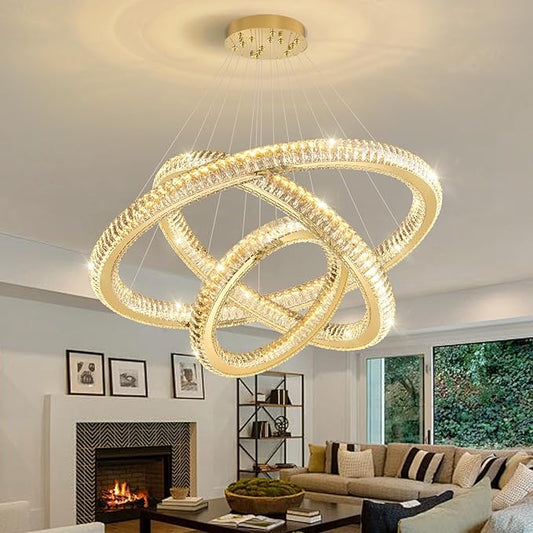 3 Rings Modern LED Chandelier Crystal Dimmable Large Foyer Chanderliers Entryway High Ceiling for Staircase Pendant Lights for Living Room Gold Light