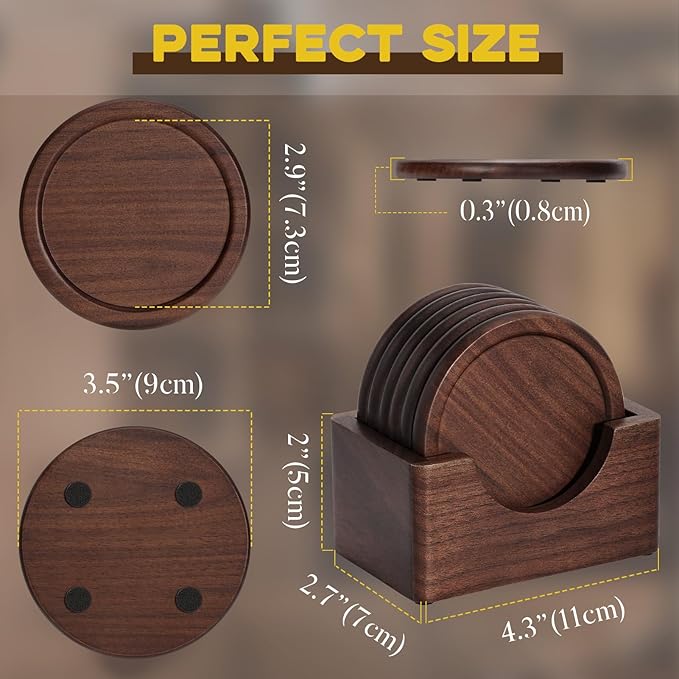 Wood Coasters with Holder, GOH DODD Set of 6 Walnut Wooden Coaster Tabletop Protection for Drinks Coffee Table Home Kitchen Office Bar Living Room Decor Housewarming Gifts Wedding Party