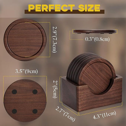 Wood Coasters with Holder, GOH DODD Set of 6 Walnut Wooden Coaster Tabletop Protection for Drinks Coffee Table Home Kitchen Office Bar Living Room Decor Housewarming Gifts Wedding Party
