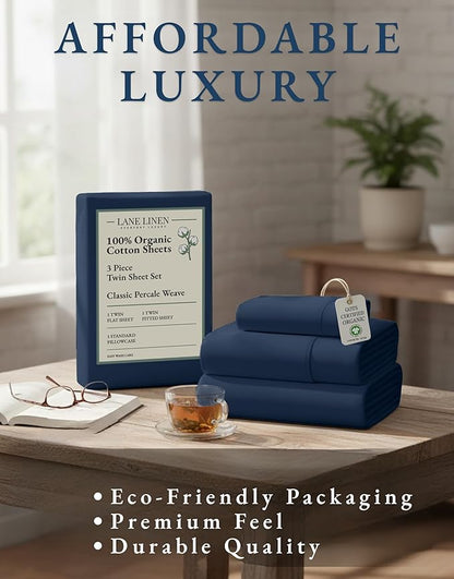 LANE LINEN 100% Organic Cotton Sheets Twin Size, Mercerized Cotton Fully Elasticized Soft & Comfy Bedding Sheets & Pillowcase Set, Good for Dorm Room, Deep Pocket Fully Elasticized Sheet- Navy
