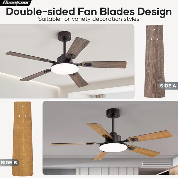 52 Inch Ceiling Fans with Lights and Remote for Bedroom Living Room Kitchen Office, Indoor/Outdoor Use, 5CCT Dimmable, 5 Blades 6 Speed Reversible Quiet DC Motor, Brown/Wood Grain
