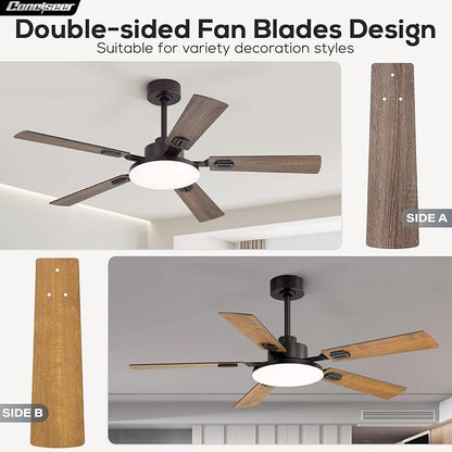 52 Inch Ceiling Fans with Lights and Remote for Bedroom Living Room Kitchen Office, Indoor/Outdoor Use, 5CCT Dimmable, 5 Blades 6 Speed Reversible Quiet DC Motor, Brown/Wood Grain