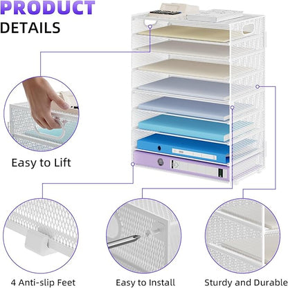 Marbrasse Paper Organizer Letter Tray, 9 Tier Mesh File Organizer with Handle, Paper Sorter Desk Organizer for Home Office Supplies - White