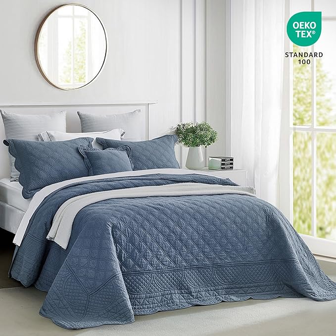 CHIXIN Oversized Cotton Bedspread Queen Size - Real Stitching - Luxury Quilted Bedding Cover for All Season, Reversible, Ultra Soft, Lightweight, 3 Piece, Smokey Blue