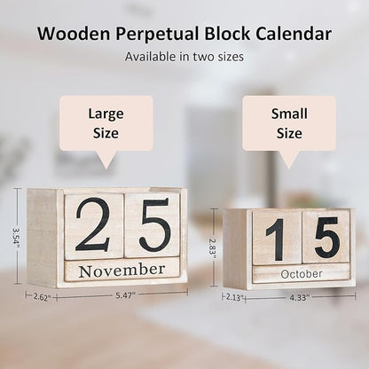 Wooden Block Calendar for Desk, Large Size Daily Desktop Perpetual Desk Calendar, Cute Date Display Desk Accessories for Home Office Decor, Teacher, Classroom, Reusable Yearly, Grey Beige