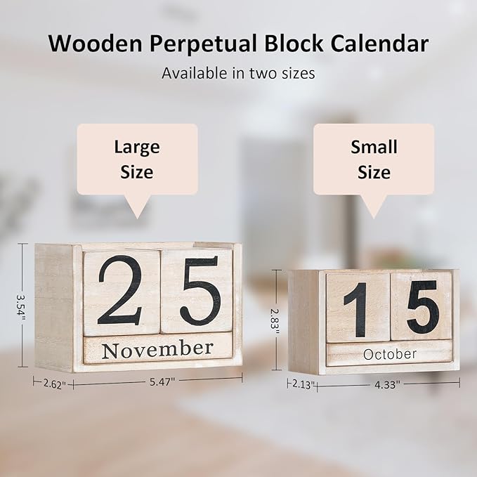 Wooden Block Calendar for Desk, Small Size Daily Desktop Perpetual Desk Calendar, Cute Date Display Desk Accessories for Home Office Decor, Teacher, Classroom, Reusable Yearly, Grey Beige