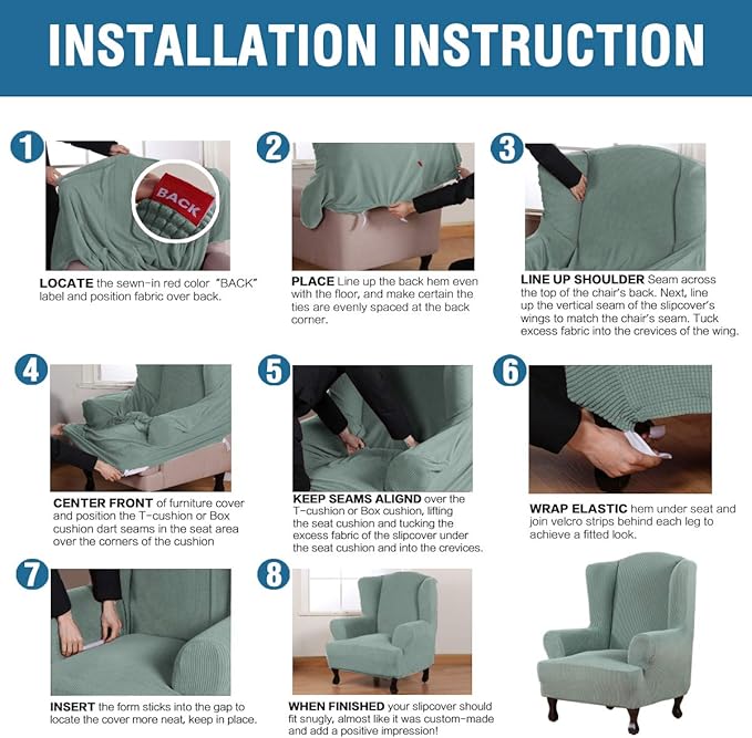 H.VERSAILTEX Wing Chair Slipcover Chair Covers for Wingback Chairs Wingback Chair Covers Slipcovers 1 Piece Stretch Sofa Cover Furniture Protector Soft Spandex Jacquard Checked Pattern, Sage