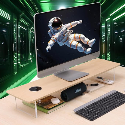 SUIBIAN White Monitor Stand Riser with Wireless Charging 31.5Inch Large, Computer Monitor Stand,Wooden Desktop Organizer Shelf for Office Desk Computer,Laptop,TV (White Oak)