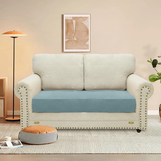 MAXIJIN Velvet Stretch Couch Cushion Covers Soft Loveseat Cushion Cover Replacement Sofa Seat Cushion Slipcovers RV Protector with Elastic Bottom (1 Piece Loveseat Cushion Cover, Dusty Blue)