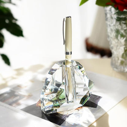 QFkris Crystal Heart Shaped Single Pen Holder for Desk, Glass Feather Pencil Holder for Office Desktop Decoration, 3.5" Fancy Fountain Pen Stand, Christmas Gift for Man