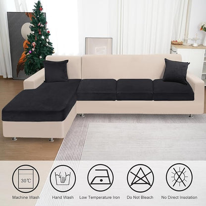Sectional Couch Covers for 4-Piece Seat Cushion Velvet Separate L Shape Couch Cover Stretch Sofa Slipcover with 2 Pieces Pillowcases Furniture Protector (Sofa 3 Seater + 1 Chaise, Black)