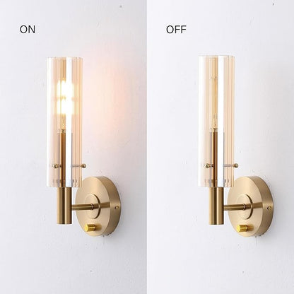 Modern Wall Sconces with Striped Amber Glass Shades Gold Brushed Brass Bathroom Vanity Light Fixtures Dimmer ON/Off Switch Indoor Wall Light for Mirror Living Room Bedroom Hallway Staircase