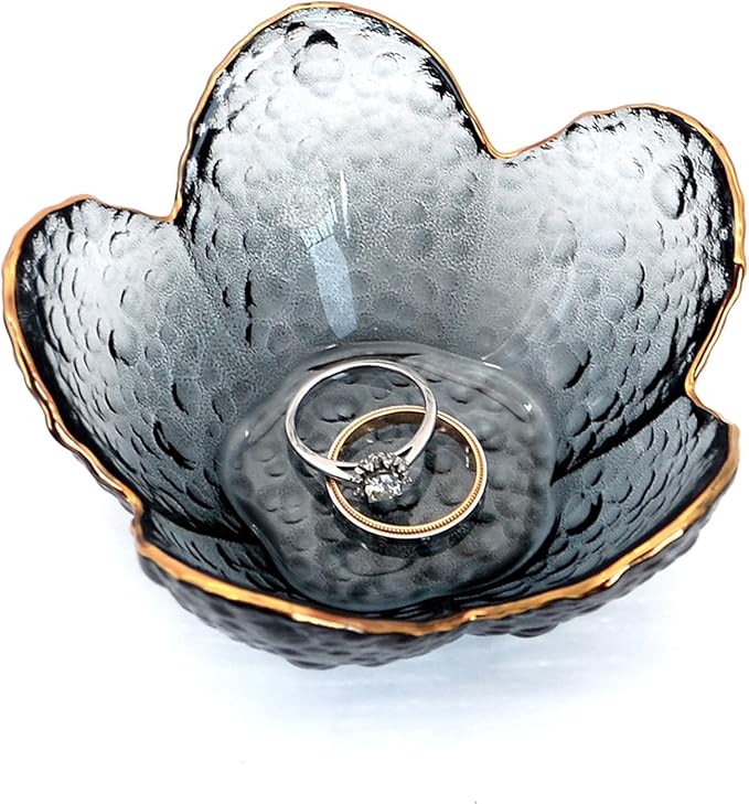 Black Flower Ring Dish Jewelry Tray, Small Glass Trinket Tray for Rings Earrings, Present for Wife Mom Daughter Women