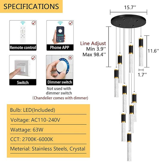 9-Lights Modern Crystal Spiral Chandelier for Staircase High Ceiling Chandeliers Bubble Pendant Lighting Hanging Light Fixture Flush Mount for Foyer Entryway
