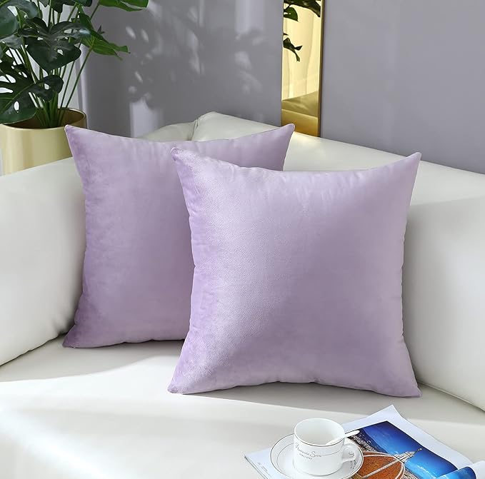 mixeoo Comfy Lavender Throw Pillow Covers Decorative Square Solid Thick Velvet Super Soft Cushion Cases Home Decor for Sofa Couch Living Room Chair, Set of 2, 16 x 16 Inch