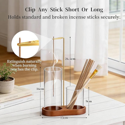 Norvy 2 in 1 Incense Holder for Sticks,Burner Holder with Storage Upside Down,Wooden Incense Burner with Glass Ash Catcher for Meditation Yoga Spa, Includes Ash Brush and 2 Storage Tubes