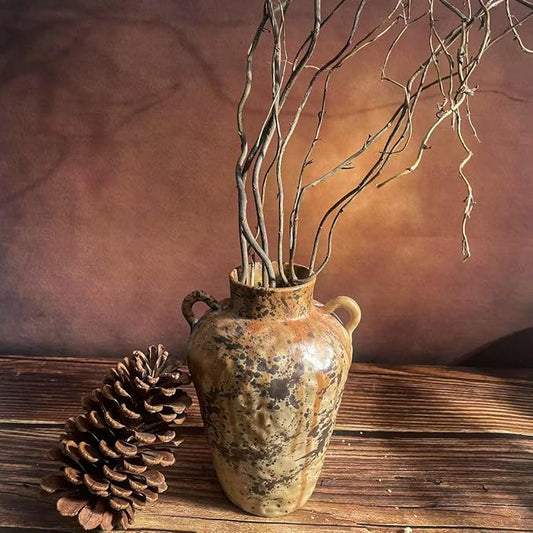 8IN Rustic Farmhouse Ceramic Vase Home Decor, Vintage Stoneware Clay Pottery Terracotta Textured for Modern Farmhouse, Living Room, Office Desk Table Shelf (Gray Black)