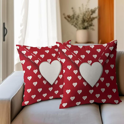 Valentines Day Pillow Covers 18x18 Set of 2 White Red Heart Throw Pillow Covers Love Pillowcase Linen Decoration Farmhouse Holiday Cozy Soft Cushion Case Couch for Indoor Outdoor Home Decor