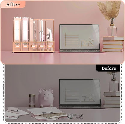 SUPEASY Desk Organizers Metal Desk Magazine File Holder with 5 Vertical Compartments Rack File Organizer for Office Desktop, Home Workspace, Rose Gold, Plus