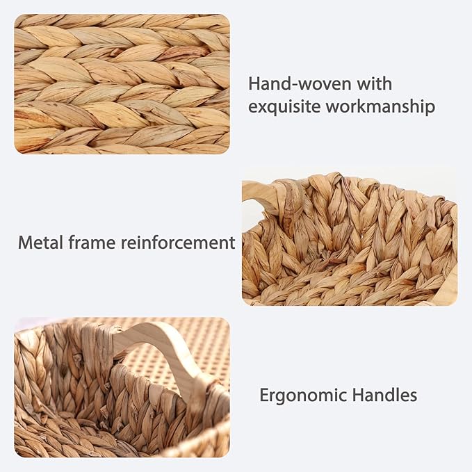 Square Water Hyacinth Basket with Wooden Handles, Small Woven Storage Organizer for shelf
