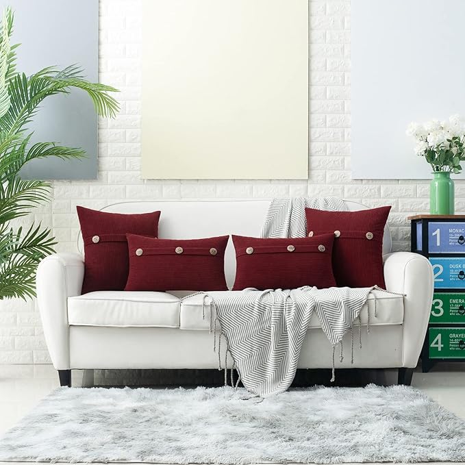 HWY 50 Burgundy Red Chenille Throw Pillow Covers 22x22 Inch with Triple Buttons, Soft Farmhouse Accent Decorative Cushion Cases for Couch Sofa Bed Living Room Pack of 2