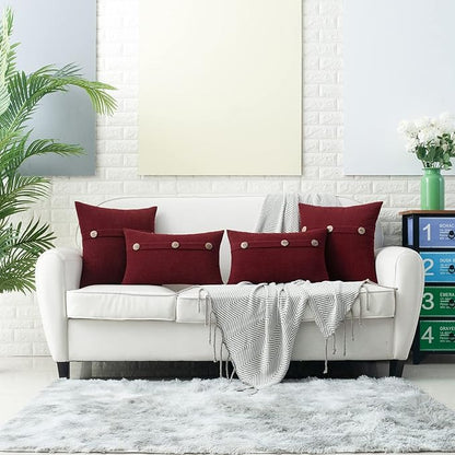 HWY 50 Burgundy Red Chenille Throw Pillow Covers 20x20 Inch with Triple Buttons, Soft Farmhouse Accent Decorative Cushion Cases for Couch Sofa Bed Living Room Pack of 2