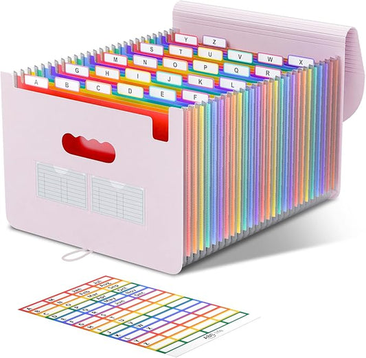 ABC life 26 Pockets Accordion File Organizer, Expanding File Folder, Portable Monthly Paper Bill Tax Receipt Organizer, Letter A4 Size Document Organizer with Blank Labels - Pinkish Purple
