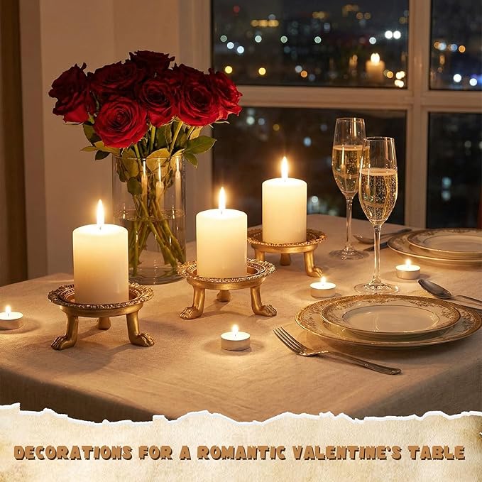3 Pack Brass Color Candle Holder Pedestal Dish Stand Gold Vintage Tray Clawfoot Plate Decor for Jewelry Wax Ring Trinket