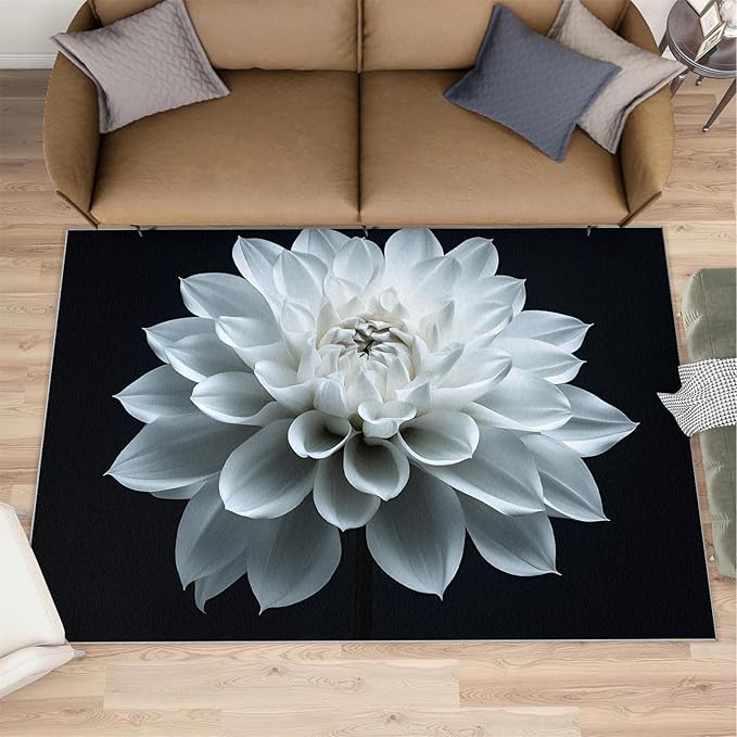 Petals Washable Area Rugs 3x4 Non-Slip Dahlia Living Room Rug White Flower Soft for Carpet Low Pile Indoor Door Mat & Room Decor
