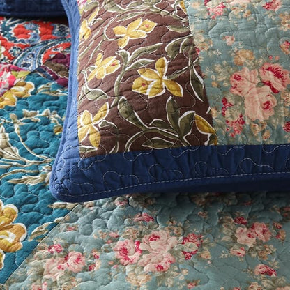 Cotton Bedspread Quilt Sets Reversible Bedding Coverlet Sets 3 Pieces Patchwork Blue Vintage Floral Paisley Bedspread, King Size