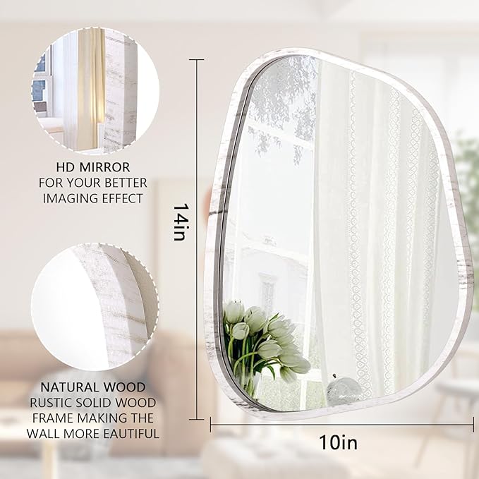 Irregular Wall Mirror Modern Oval Asymmetrical Wooden Framed Unique Hanging Mirror Artistic Wavy Mirror Decor Bathroom Vanity Bedroom Living Room Entryway Hallway Small 14"x10"