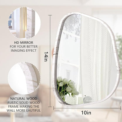 Irregular Wall Mirror Modern Oval Asymmetrical Wooden Framed Unique Hanging Mirror Artistic Wavy Mirror Decor Bathroom Vanity Bedroom Living Room Entryway Hallway Small 14"x10"