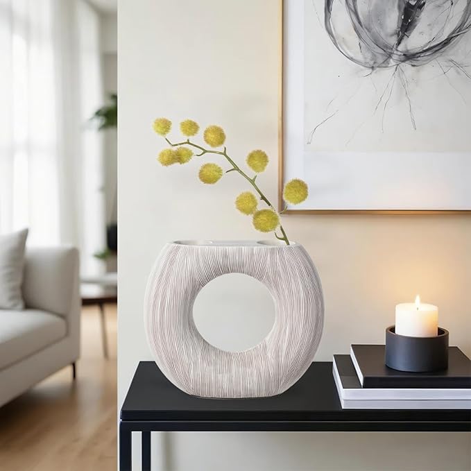 Torre & Tagus White Donut Vase for Flowers - 9 Inch Tall Textured Vases for Centerpieces with 2 Openings, Sculptures Home Decor & Abstract Sculptures Home Decor for Shelf Decor Aesthetic (Alma)