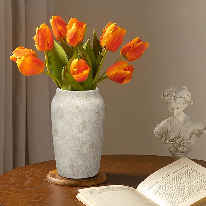 Briful 9.06'' Large Ceramic Rustic Vase Shabby Vintage Textured Vase, 4.33'' Wide Mouth Pampas Vases for Fake Flowers Branches, Farmhouse Home Décor, Weddings Shelf Table Decor,Heige