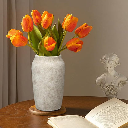 Briful 9.06'' Large Ceramic Rustic Vase Shabby Vintage Textured Vase, 4.33'' Wide Mouth Pampas Vases for Fake Flowers Branches, Farmhouse Home Décor, Weddings Shelf Table Decor,Heige