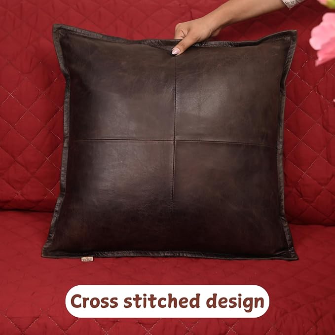 Lambskin Leather Pillow Cover - Sofa Cushion Case - Decorative Throw Covers for Living Room & Bedroom, 18x18 Inches - Dark Brown Crunch Box Pack of 2