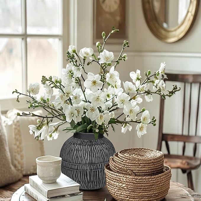 7" Short Rustic Vase with Geometric Linear Striations, Round Ceramic Vase Suitable for Leaves Stems & Flowers, Low-Profile & Cool Tone Style, Chunky, Small & Dark Grey